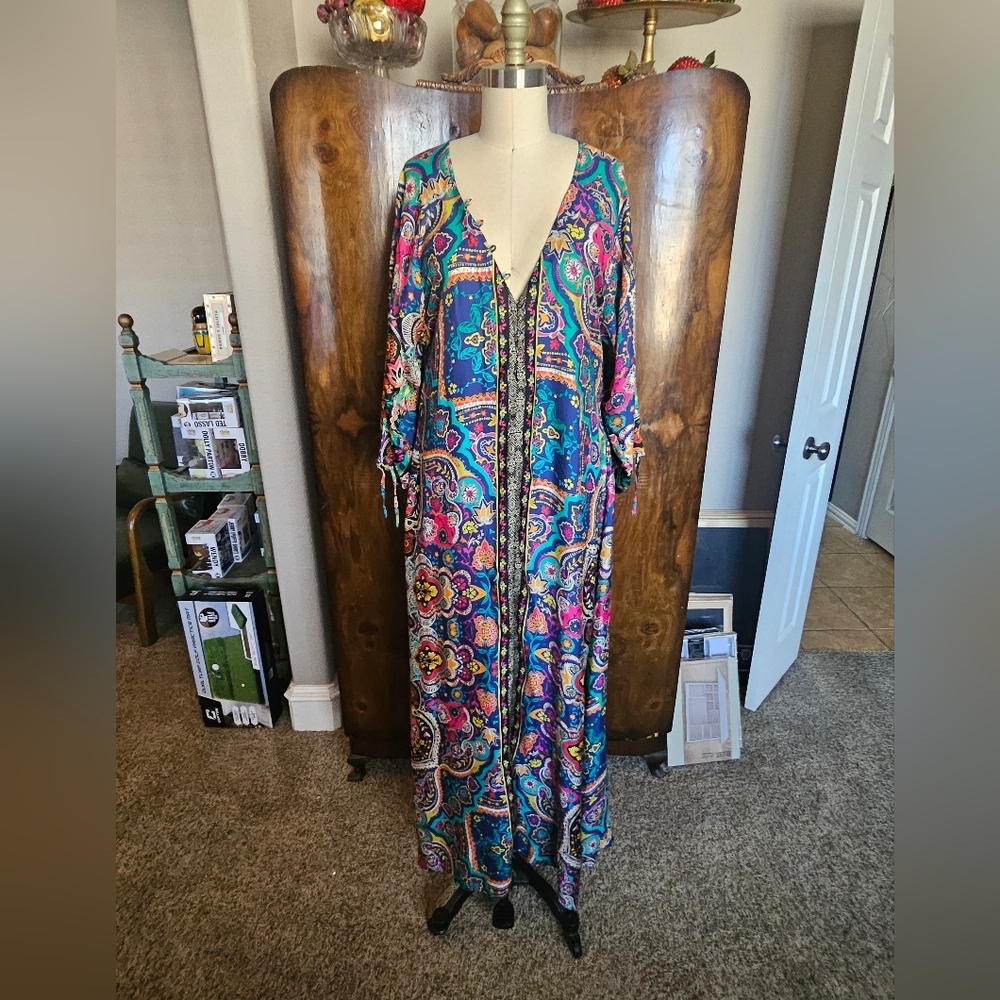 Johnny Was Multicolor Paisley Maxi Dress - Teal, Pink, Yellow
